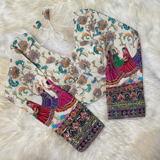 Ivory Crepe Designer Blouse with Multicolour Appliqué Work, Full Embroidered Sleeves & Sequins Detailing (Size 32–40)