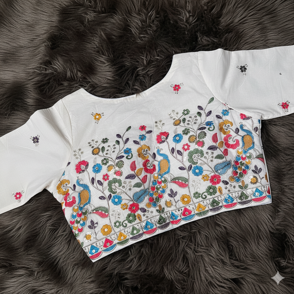 Elegant Ivory White Khadi Cotton Blouse with Sequins Backwork – High Neck, (Fits 34-46) with  Sleeves