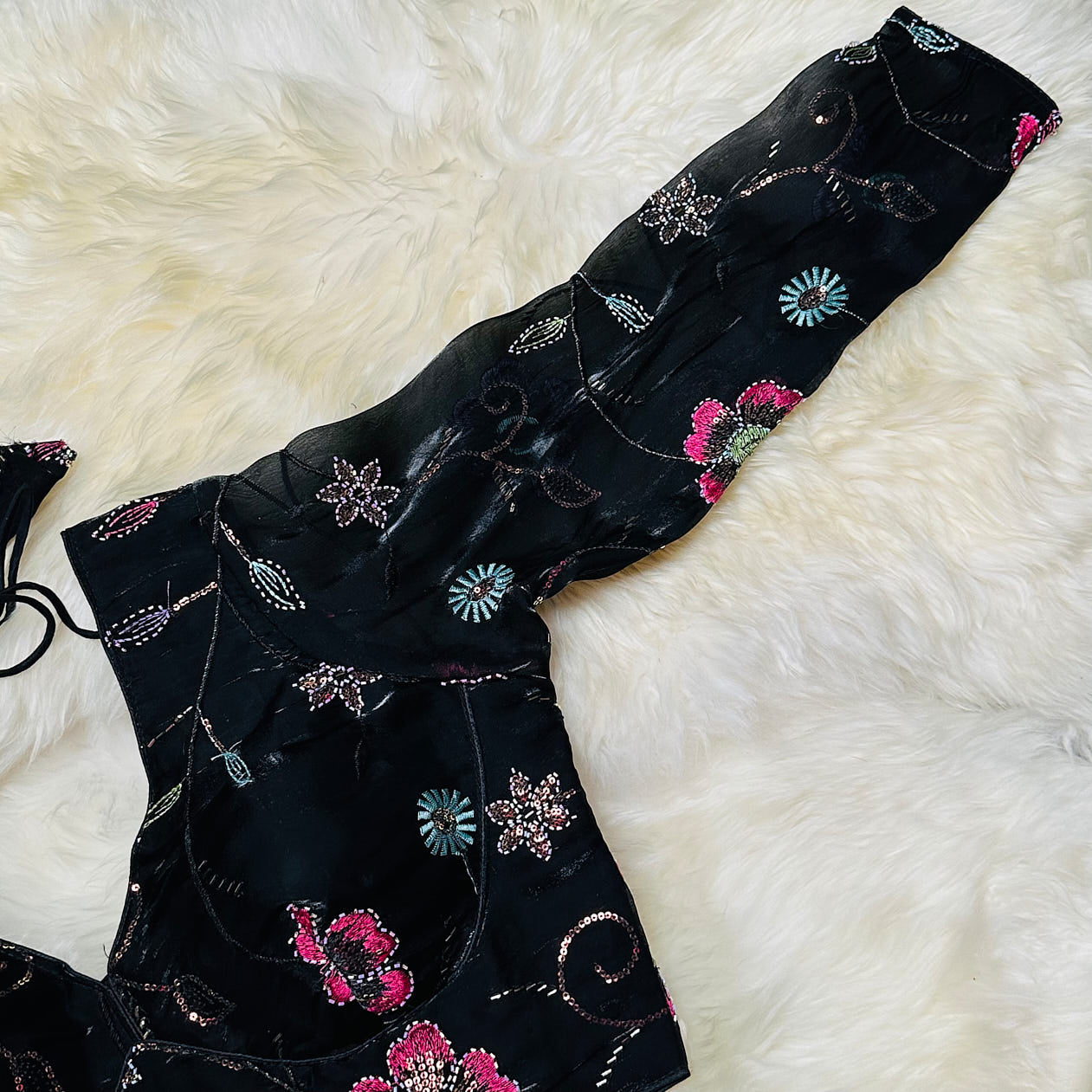 Black Jimi Choo Blouse with Bead Work – Smooth, Shiny Finish & Full Sleeves (Fits 32–40)