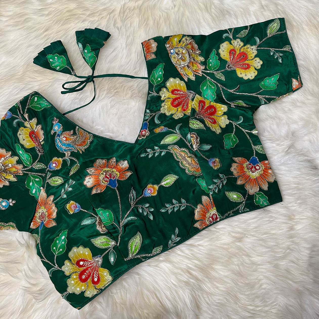 Green Viscose Crepe Blouse with Handcrafted Embroidery & Mid-Length Sleeves (Free Size 32–40)