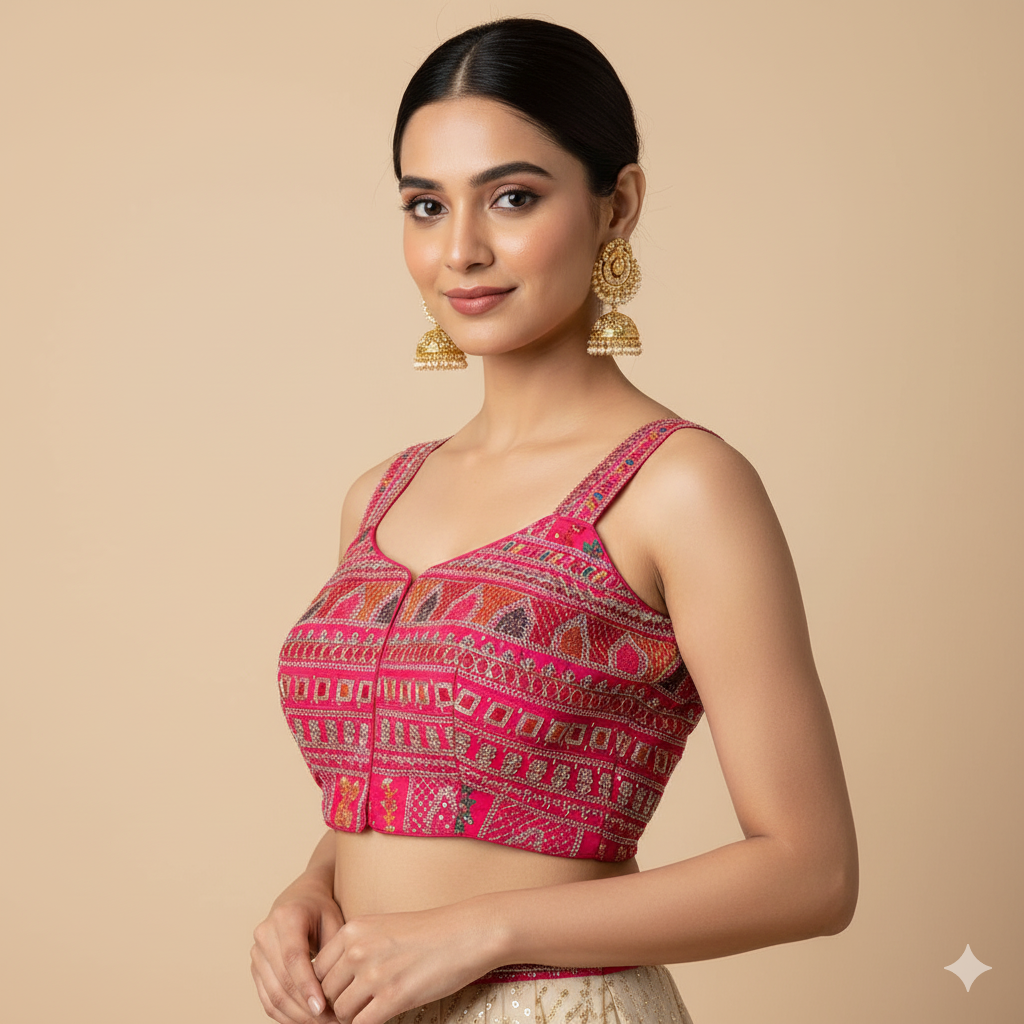 Pink Georgette Blouse with All-Over Multicolor Rajasthani Embroidery | Sleeveless (Fits 32–40)