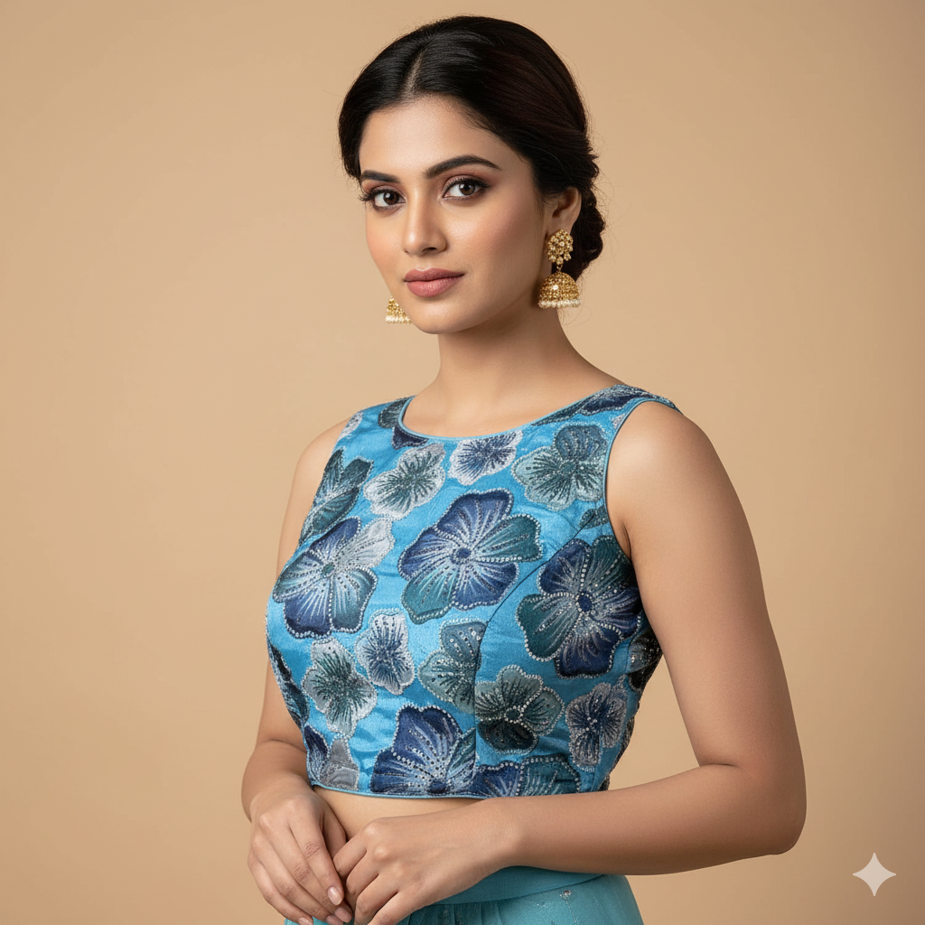Blue Chinnon Blouse with Bright Floral Embroidery, Beads & Sequins | Sleeves Included (Fits 32–40)