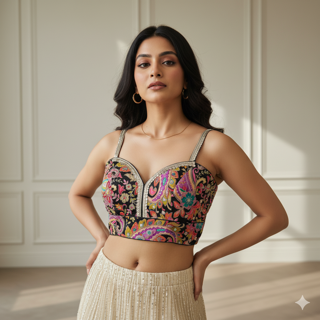 Designer Black Pure Crepe Blouse with Allover Embroidery & Position Print – Sleeveless, Size 32-40