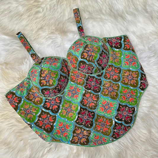 Elegant Multi-Colour Sequined Viscose Crepe Blouse with Green Base – Sleeveless, Size 32-40
