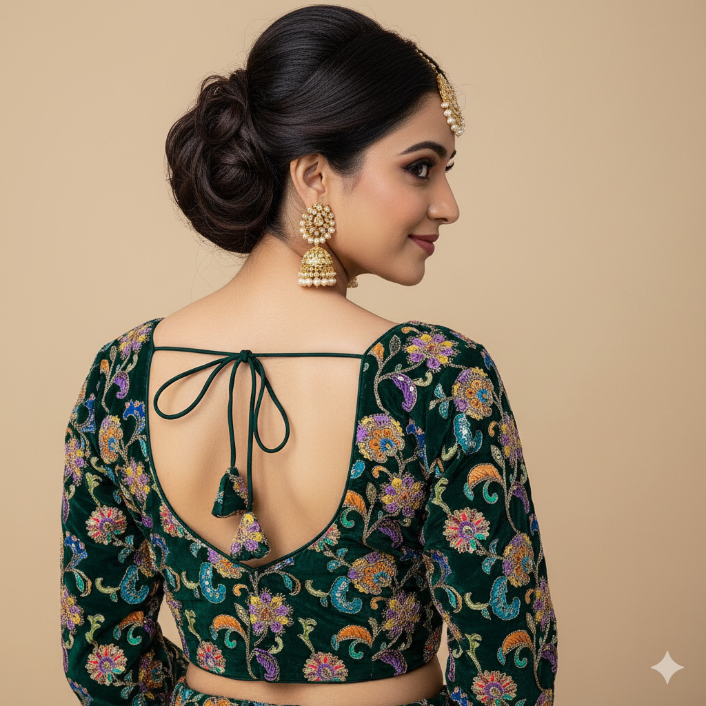 Green Crepe Designer Blouse with Appliqué Work, Full Embroidered Sleeves & Sequins Detailing (Size 32–40)