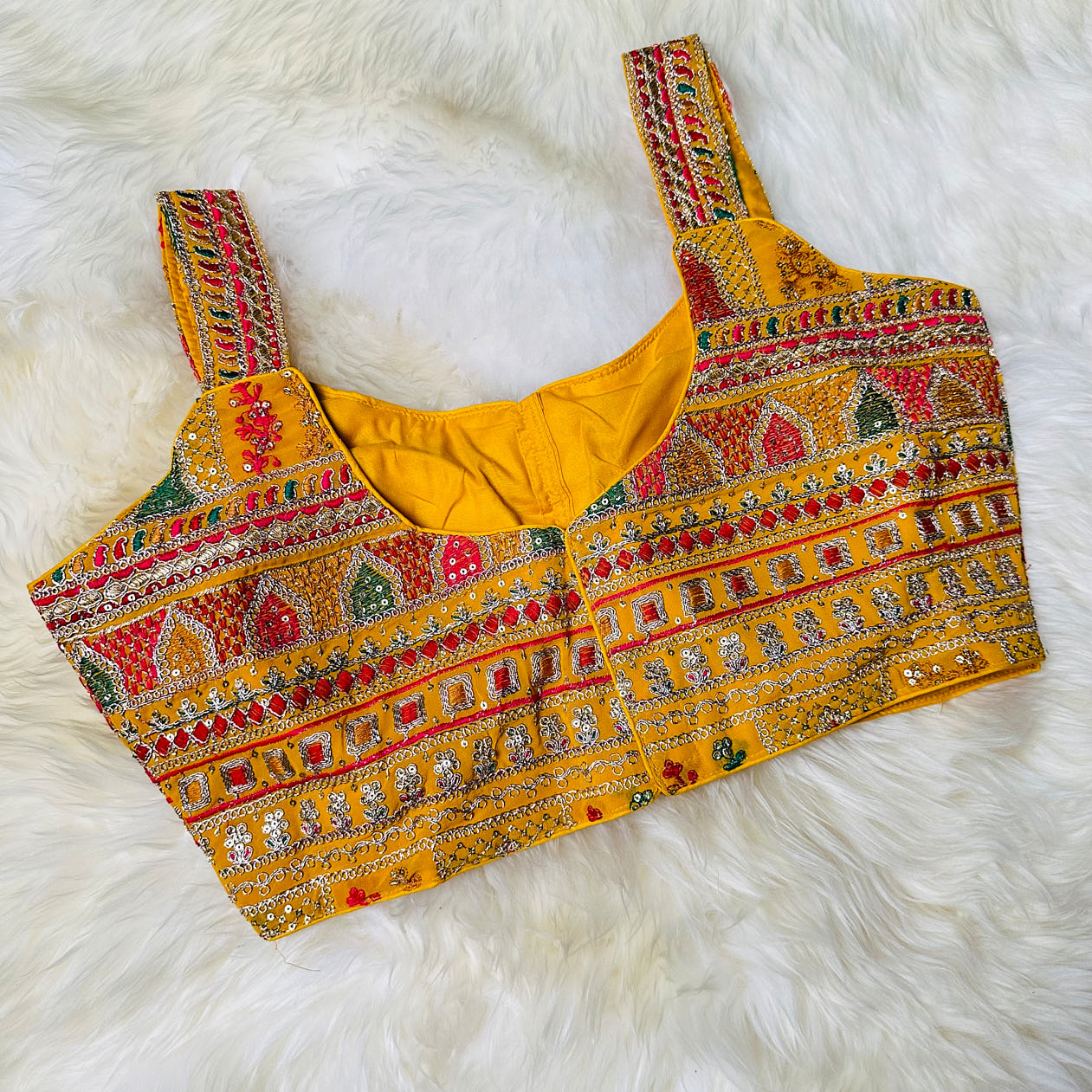 Yellow Georgette Blouse with All-Over Multicolor Rajasthani Embroidery | Sleeveless (Fits 32–40)