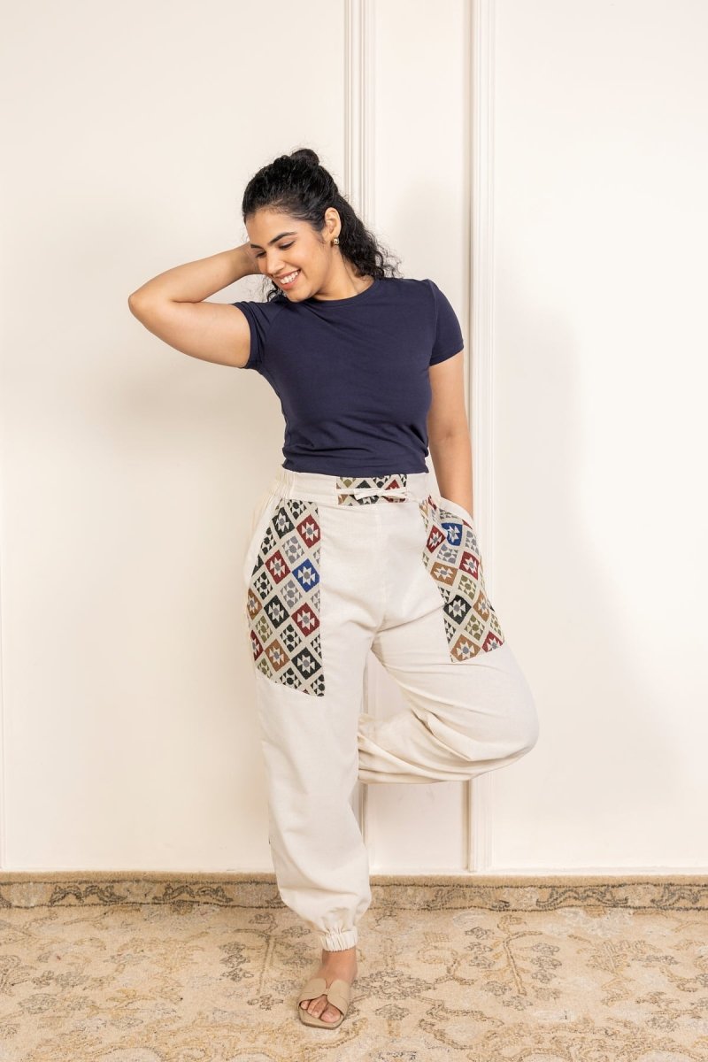 Diamond Geometric Patchwork Joggers - Cream | Yoga Wear | Casual Wear - swadeshsouq.com