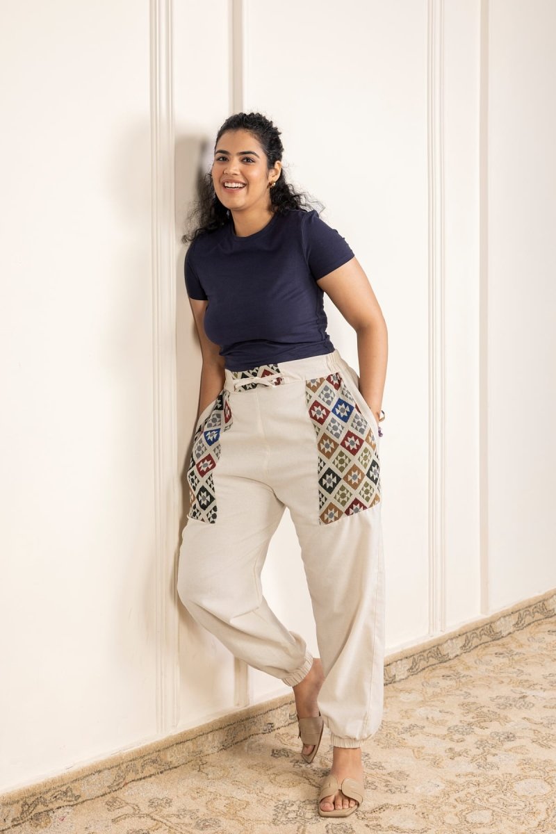 Diamond Geometric Patchwork Joggers - Cream | Yoga Wear | Casual Wear - swadeshsouq.com