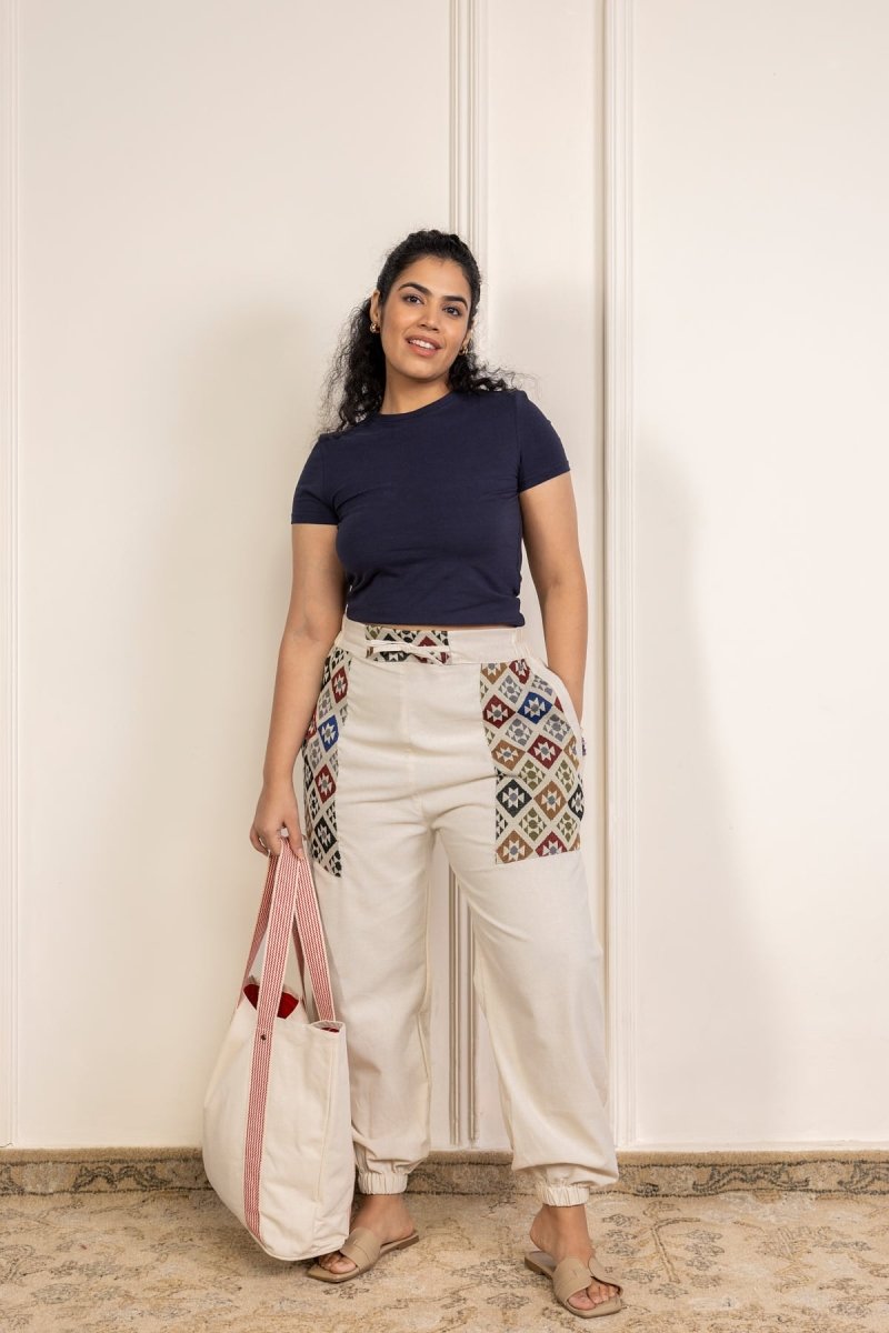 Diamond Geometric Patchwork Joggers - Cream | Yoga Wear | Casual Wear - swadeshsouq.com
