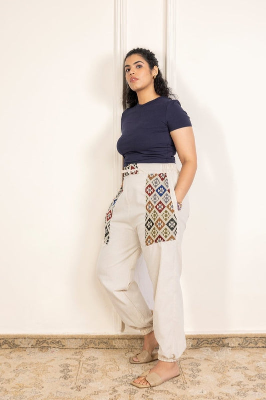 Diamond Geometric Patchwork Joggers - Cream | Yoga Wear | Casual Wear - swadeshsouq.com