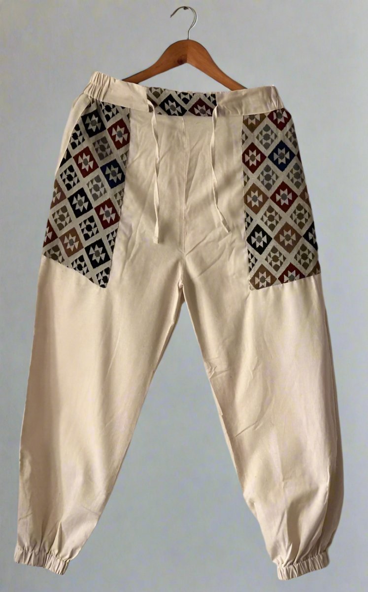 Diamond Geometric Patchwork Joggers - Cream | Yoga Wear | Casual Wear - swadeshsouq.com