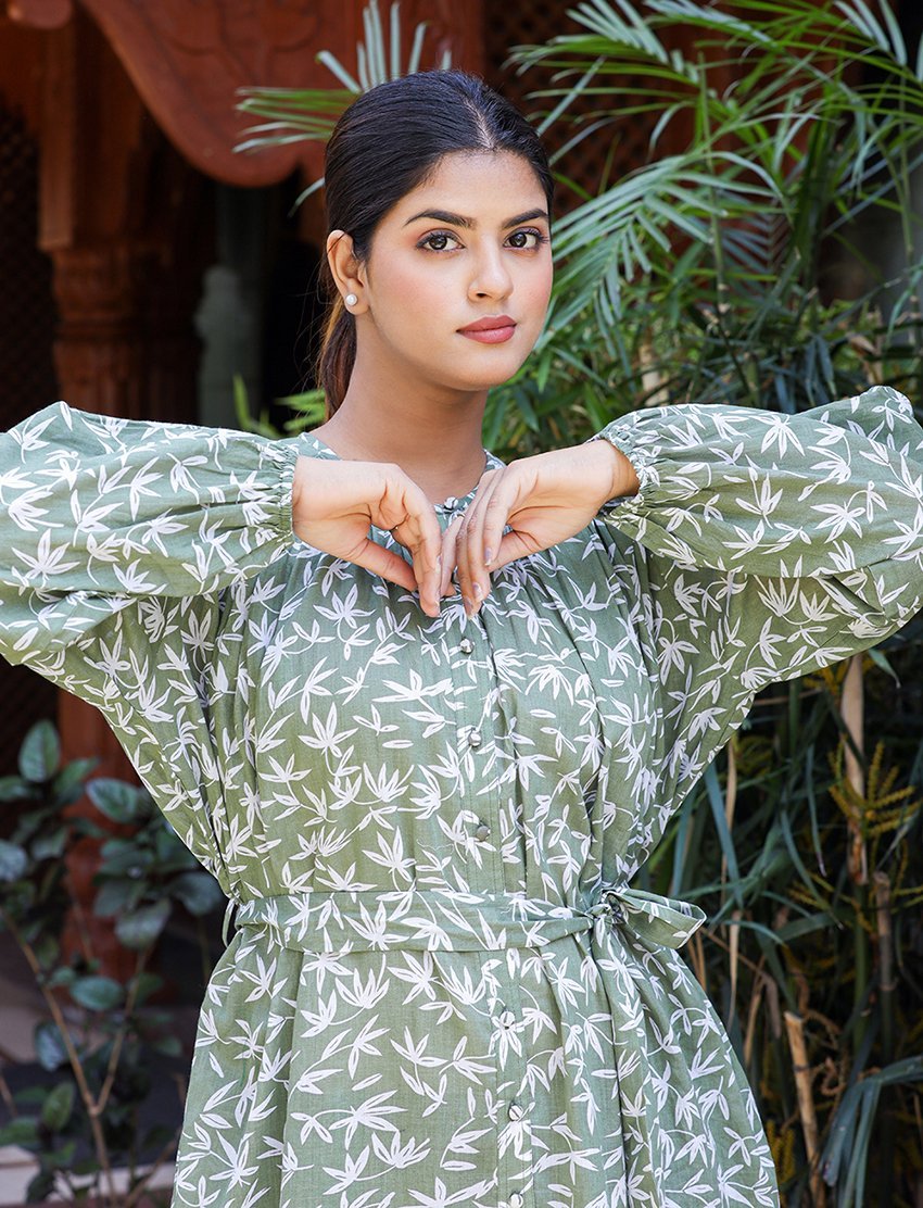 Earthy Charm Khaki Floral Printed Dress - swadeshsouq.com