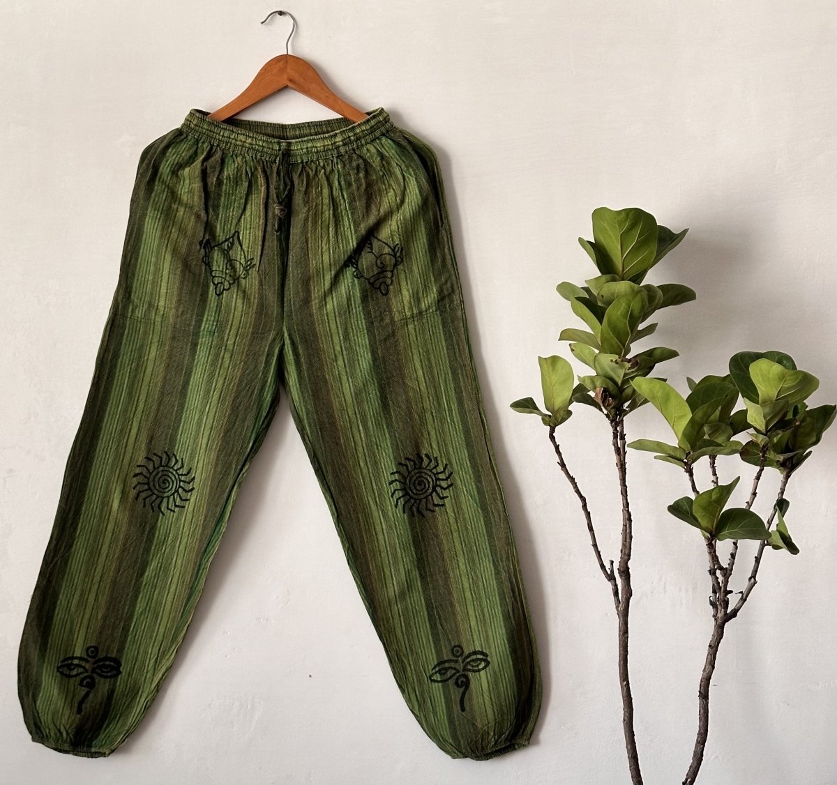 Earthy Green Balloon Fit Cotton Pants | Naturally Hand - Dyed with Tribal - Inspired Prints - swadeshsouq.com