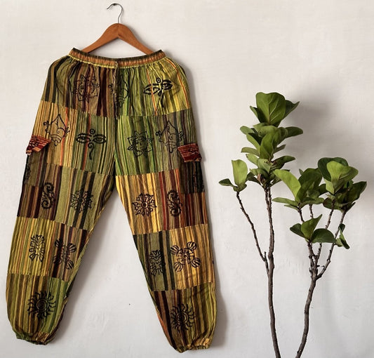 Earthy Patchwork Balloon Pants | Handcrafted Cotton with Natural Dye and Tribal Patterns - swadeshsouq.com