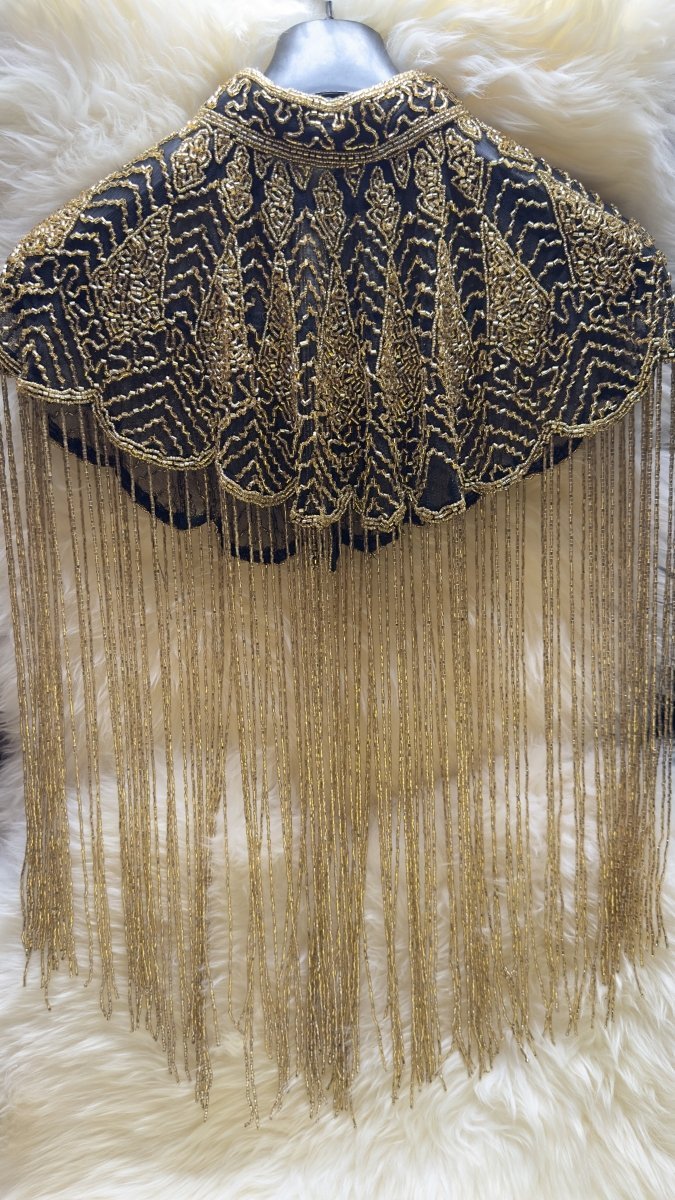 Elegant Black & Gold Beaded Tassel Cape - Statement Free Size Cape - swadeshsouq.com