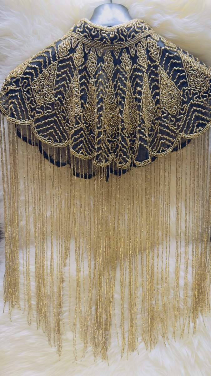 Elegant Black & Gold Beaded Tassel Cape - Statement Free Size Cape - swadeshsouq.com