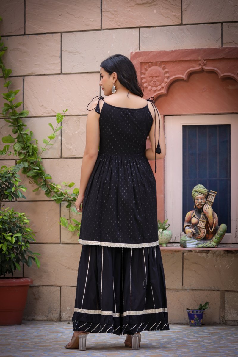 Elegant Black Peplum Kurta Sharara Set (Set of 2) - swadeshsouq.com