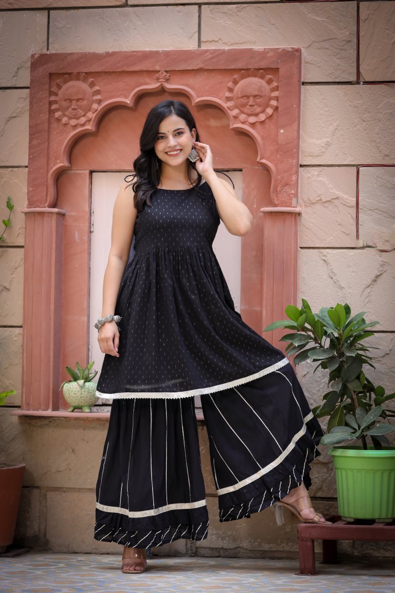 Elegant Black Peplum Kurta Sharara Set (Set of 2) - swadeshsouq.com