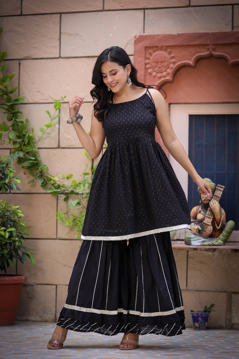 Elegant Black Peplum Kurta Sharara Set (Set of 2) - swadeshsouq.com