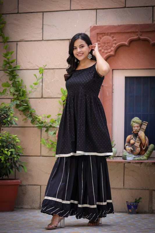 Elegant Black Peplum Kurta Sharara Set (Set of 2) - swadeshsouq.com