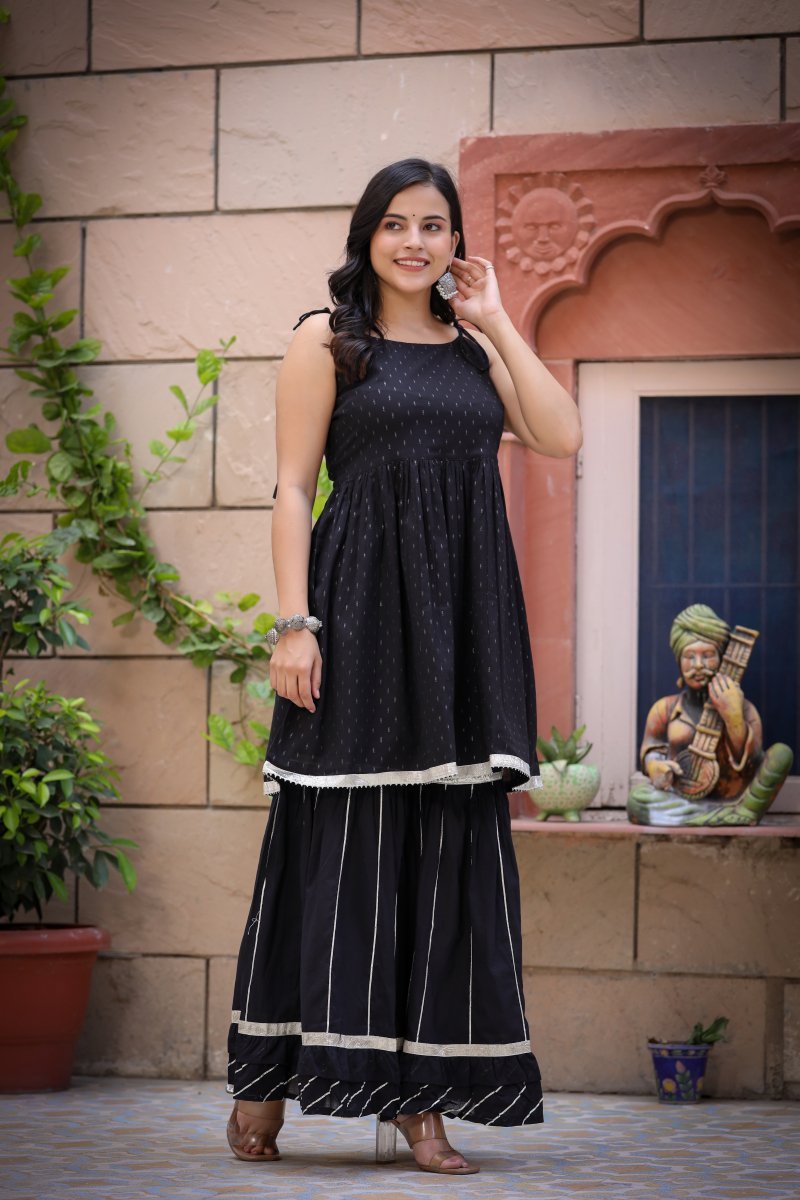 Elegant Black Peplum Kurta Sharara Set (Set of 2) - swadeshsouq.com