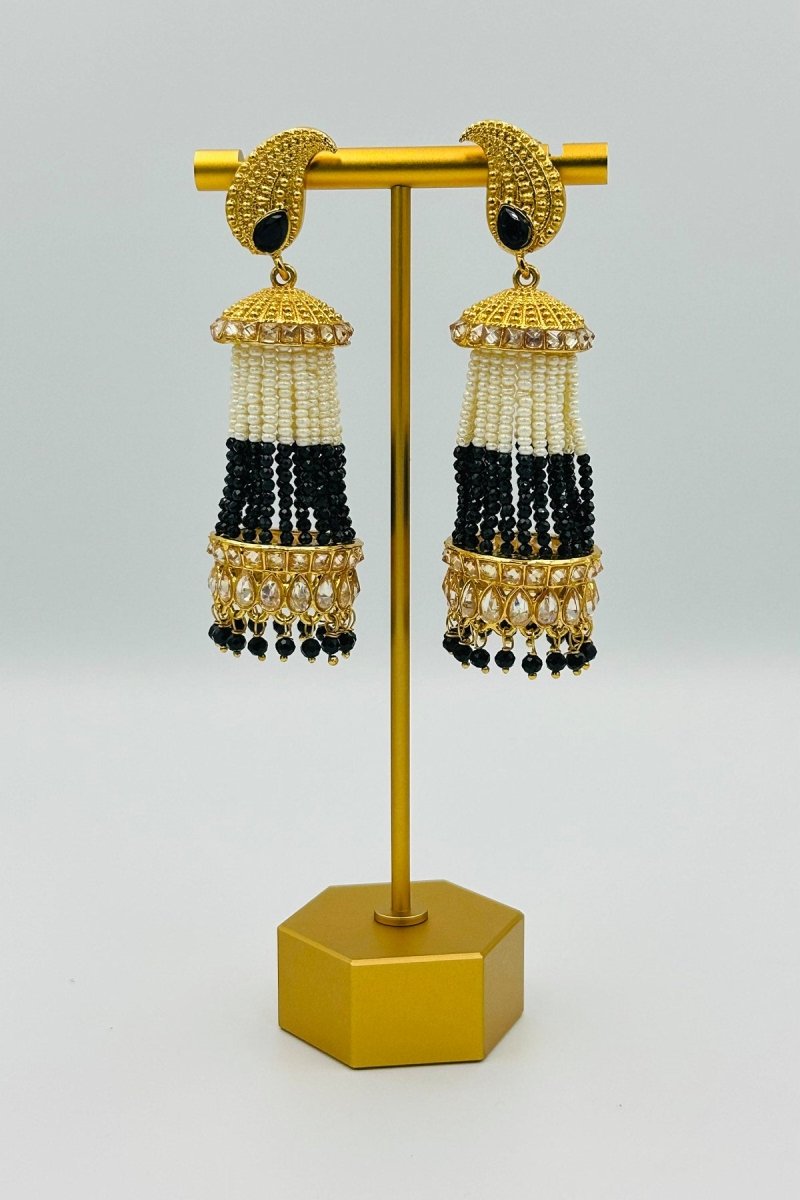 Elegant Black & White Beaded Jhumkas with Intricate Golden Detailing - swadeshsouq.com