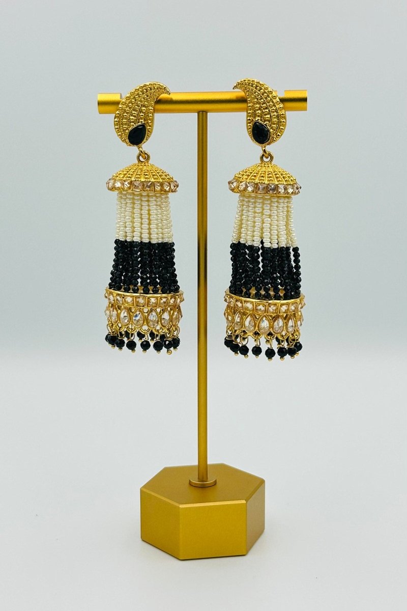 Elegant Black & White Beaded Jhumkas with Intricate Golden Detailing - swadeshsouq.com