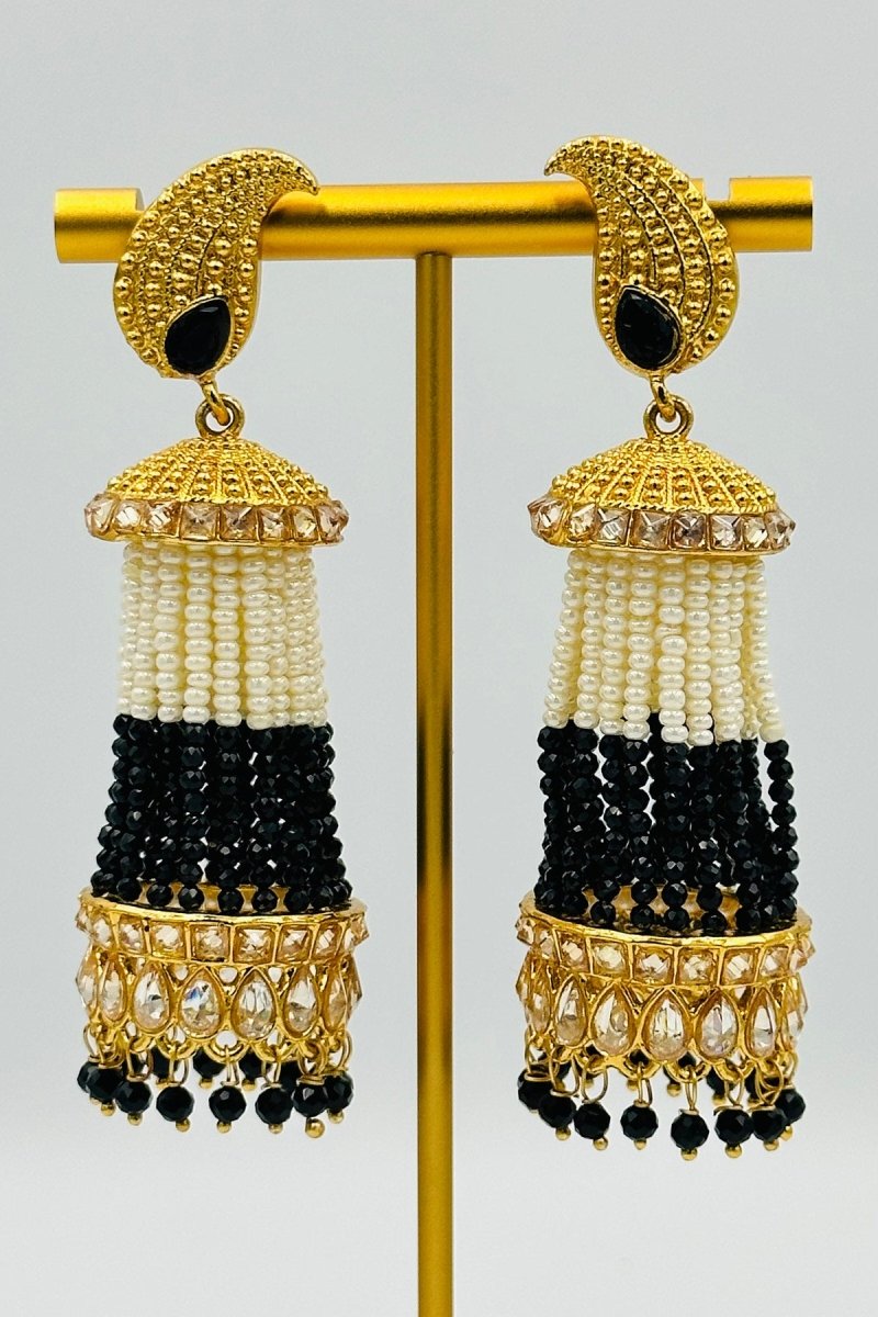 Elegant Black & White Beaded Jhumkas with Intricate Golden Detailing - swadeshsouq.com