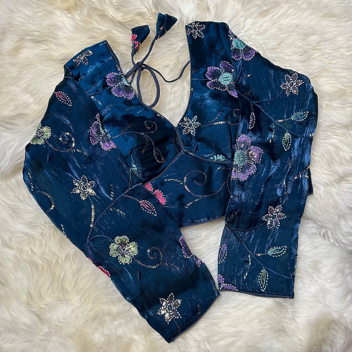 Elegant Blue Jimichoo Beaded Blouse | Size 32–40 - swadeshsouq.com