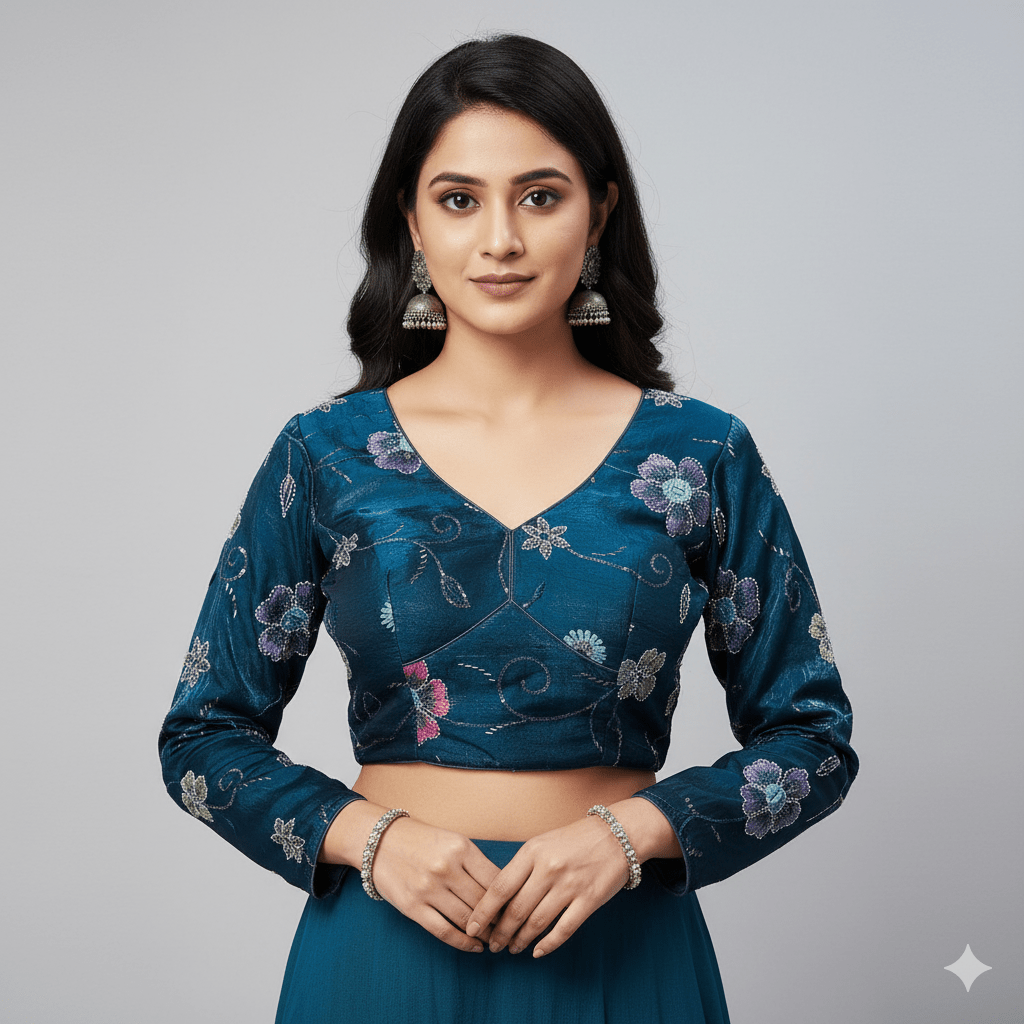 Elegant Blue Jimichoo Beaded Blouse | Size 32–40 - swadeshsouq.com