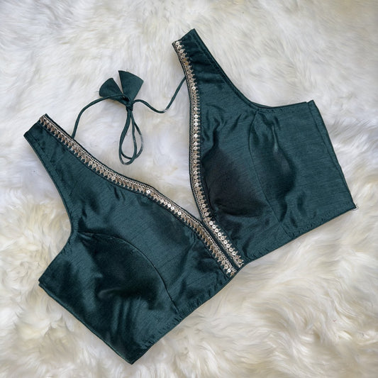 Elegant Deep Green Silk Blouse with Sequin Detailing - Refined Grace - swadeshsouq.com