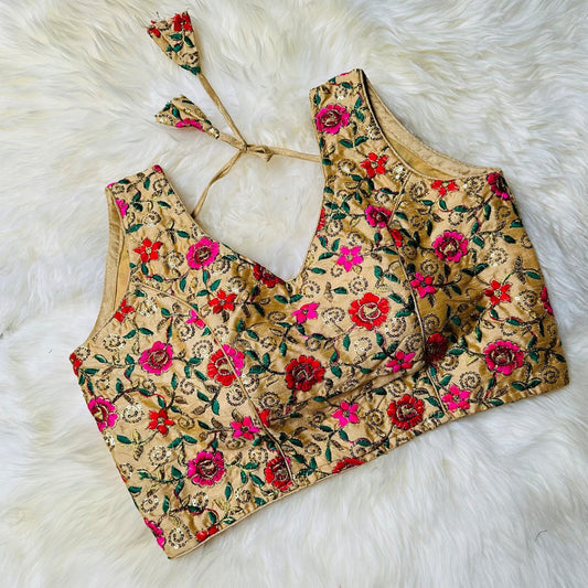 Elegant Golden Silk Floral Embroidered Blouse – Perfect Fit (32 to 36) - swadeshsouq.com