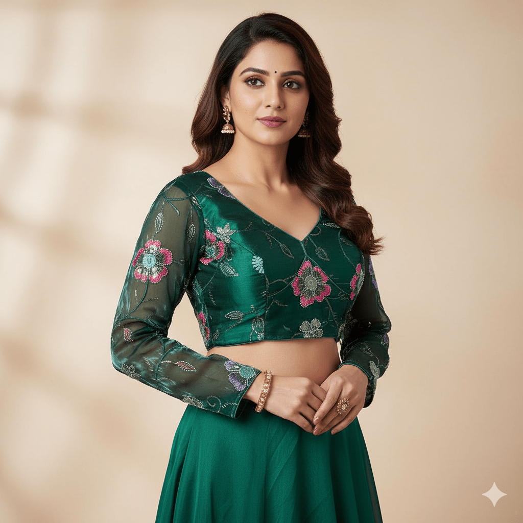 Elegant Green Jimichoo Beaded Blouse | Size 32–40 - swadeshsouq.com