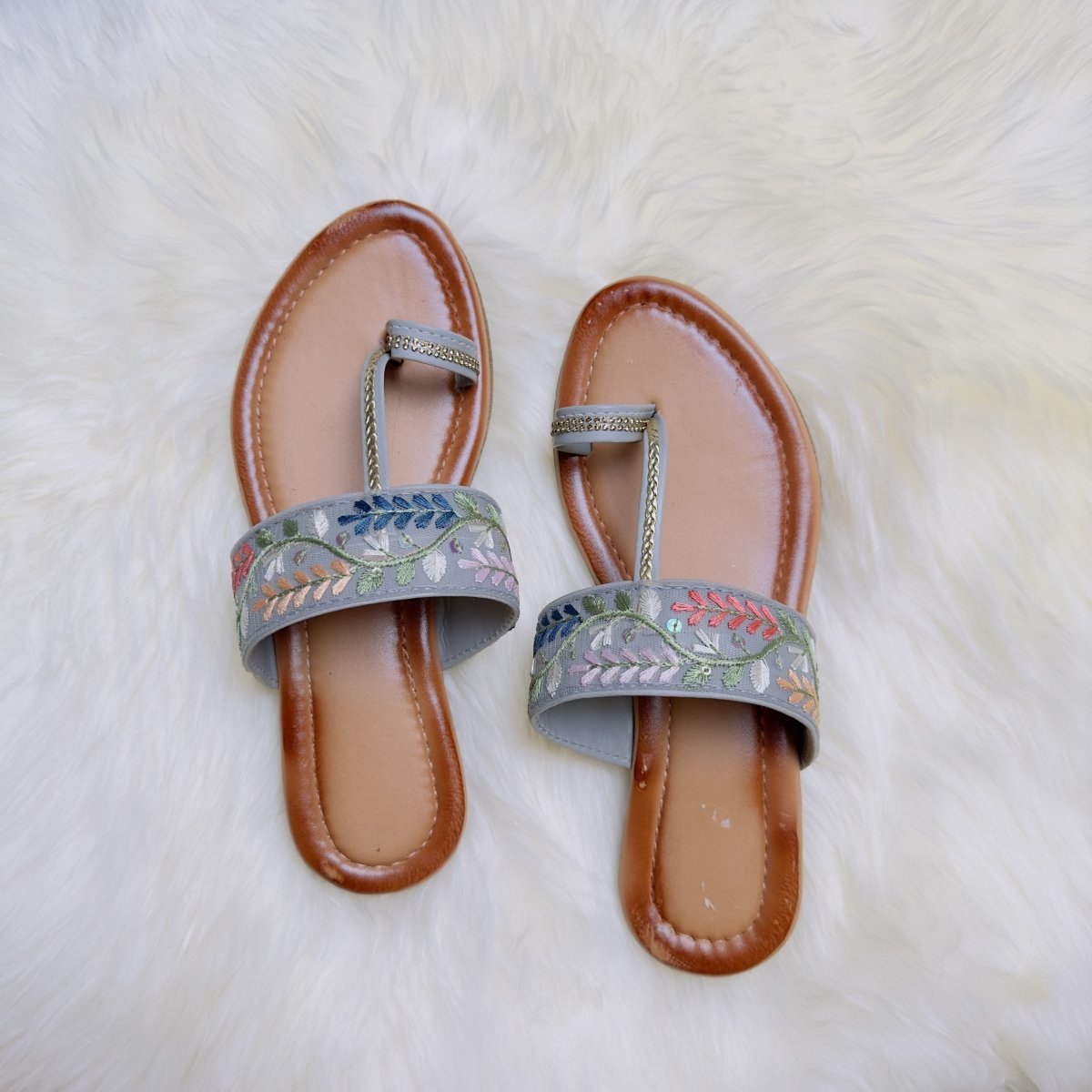 Elegant Grey Hand - Embroidered Sandals – Subtle Floral Grace - swadeshsouq.com