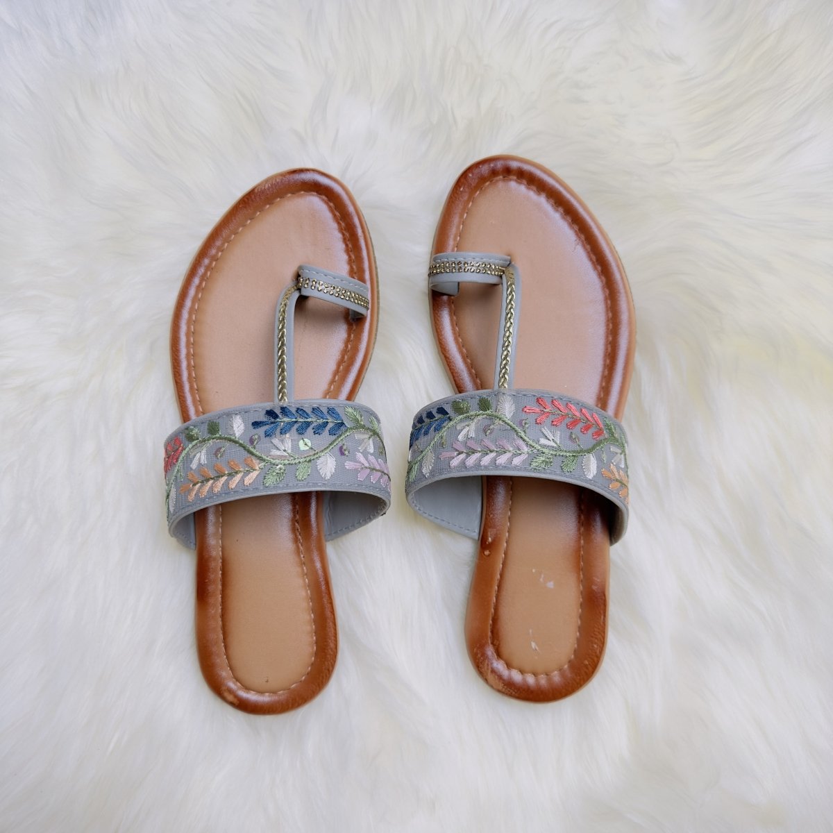 Elegant Grey Hand - Embroidered Sandals – Subtle Floral Grace - swadeshsouq.com