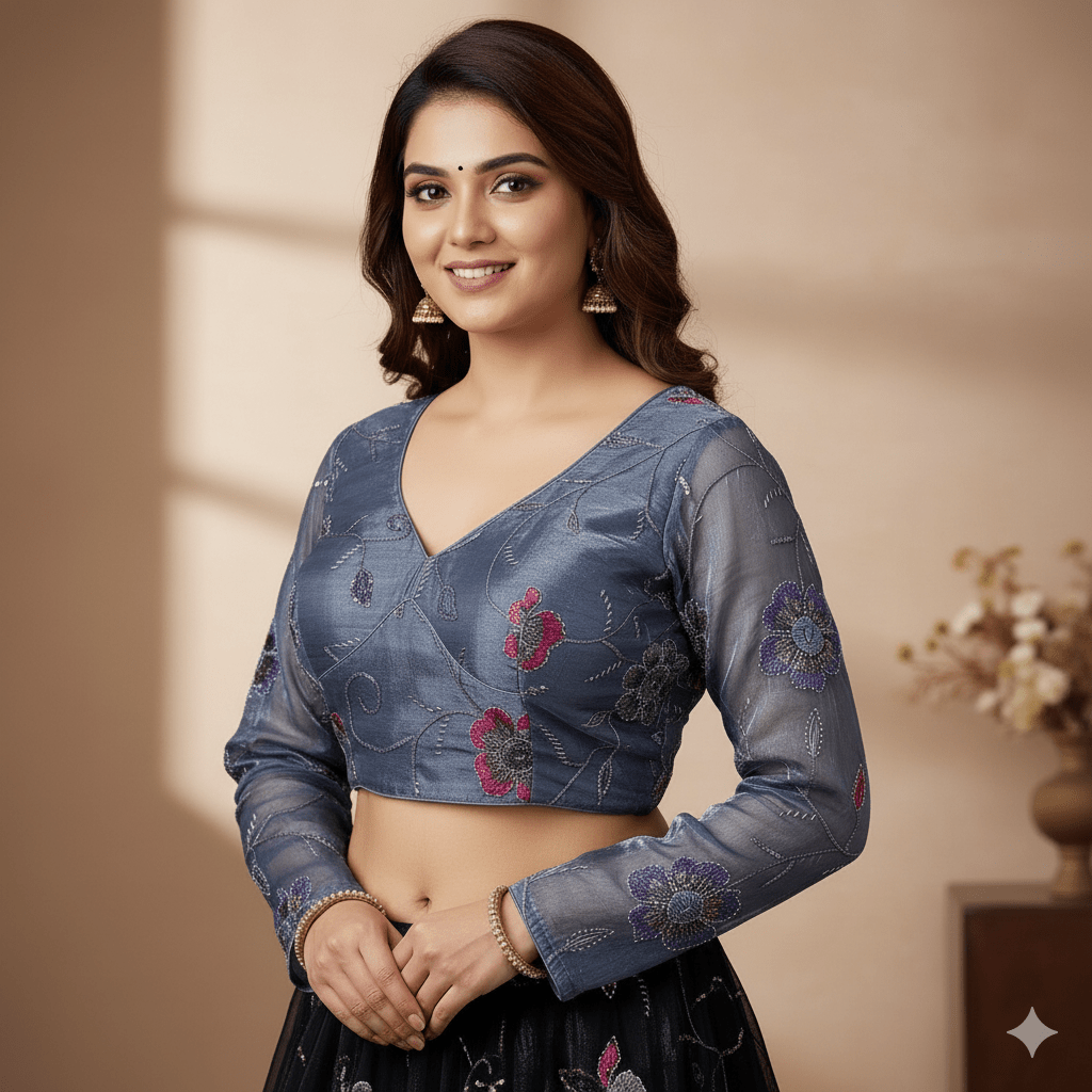 Elegant Grey Jimichoo Beaded Blouse | Size 32–40 - swadeshsouq.com