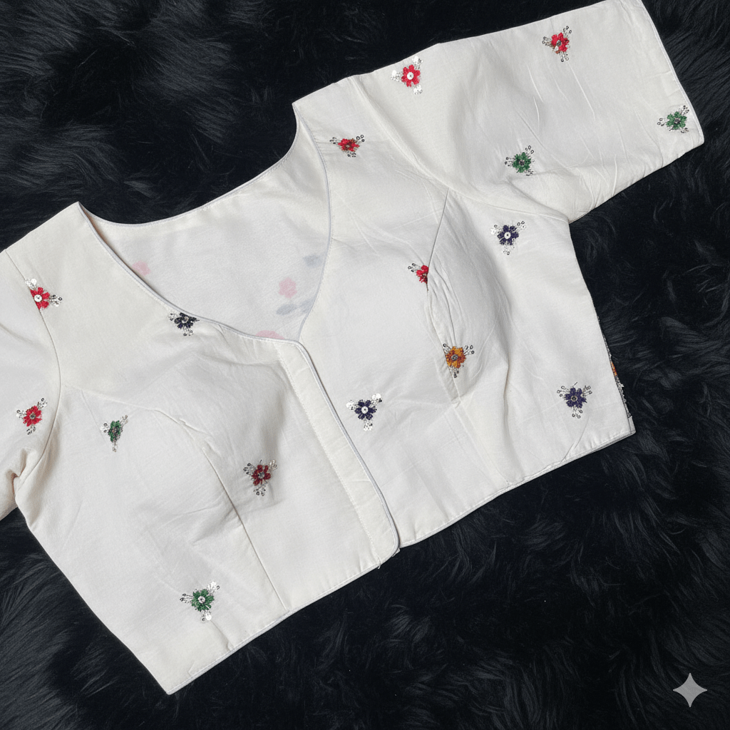 Elegant Ivory White Khadi Cotton Blouse with Sequins Backwork – High Neck, (Fits 34 - 46) with Sleeves - swadeshsouq.com