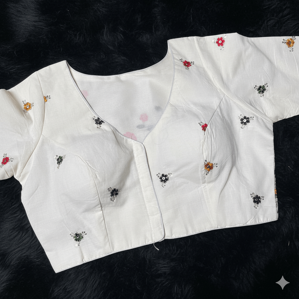 Elegant Ivory White Khadi Cotton Blouse with Sequins Backwork – High Neck, (Fits 34 - 46) with Sleeves - swadeshsouq.com