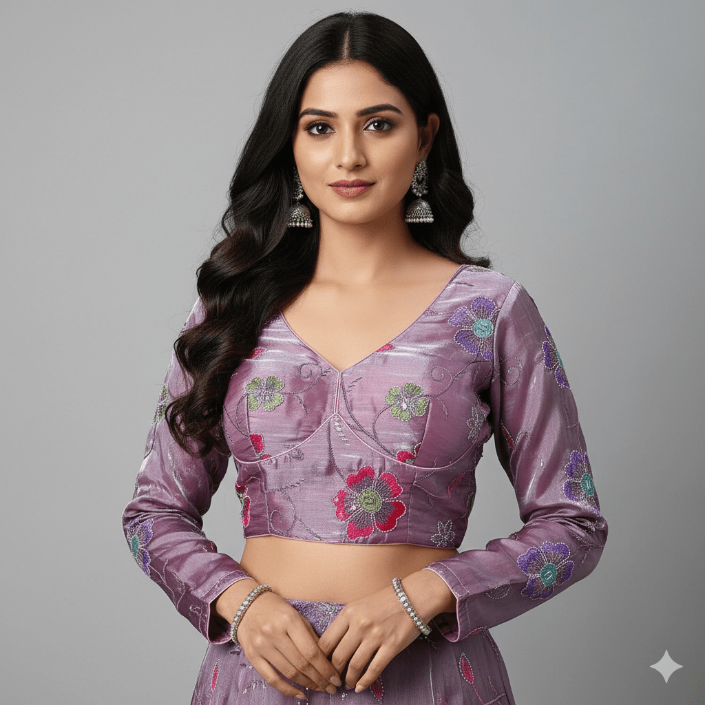 Elegant Lilac Jimichoo Beaded Blouse | Size 32–40 - swadeshsouq.com