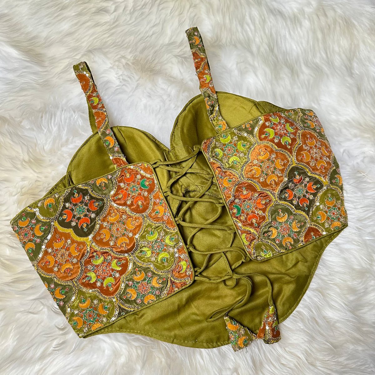 Elegant Multi - Colour Sequined Viscose Crepe Blouse with Olive Green Base – Sleeveless, Size 32 - 40 - swadeshsouq.com