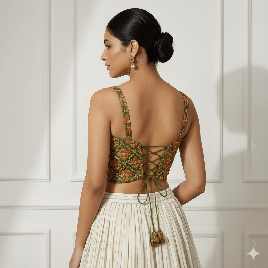 Elegant Multi - Colour Sequined Viscose Crepe Blouse with Olive Green Base – Sleeveless, Size 32 - 40 - swadeshsouq.com