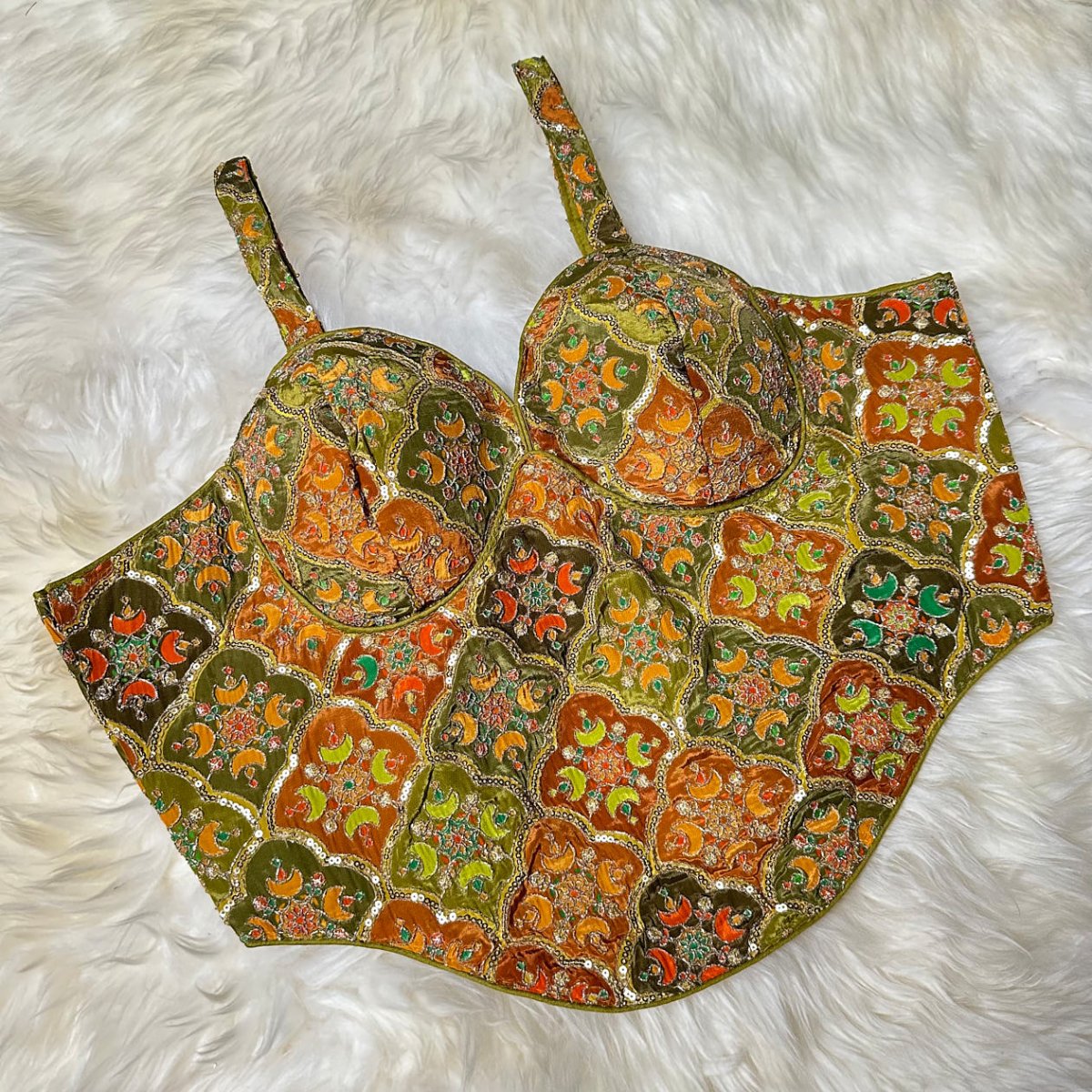 Elegant Multi - Colour Sequined Viscose Crepe Blouse with Olive Green Base – Sleeveless, Size 32 - 40 - swadeshsouq.com