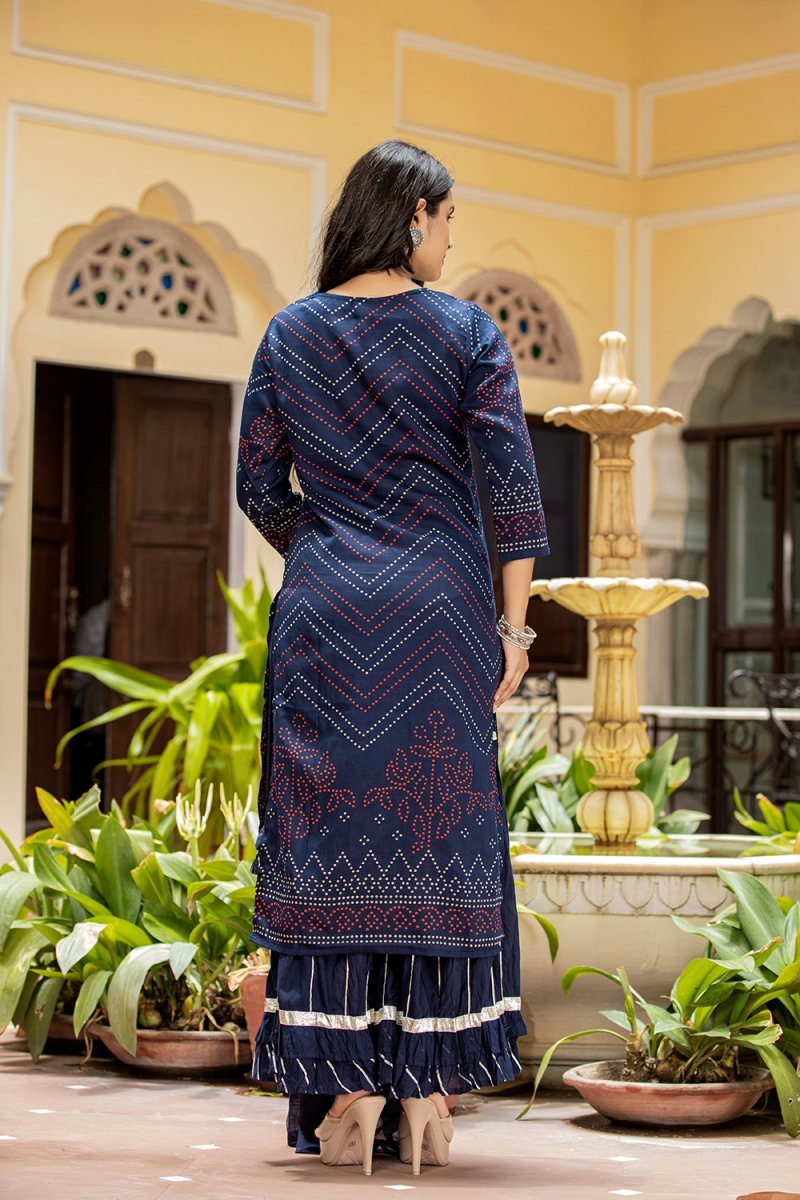 Elegant Navy Blue Embroidered Cotton Kurta Sharara Set with Dupatta - Traditional Chic - swadeshsouq.com