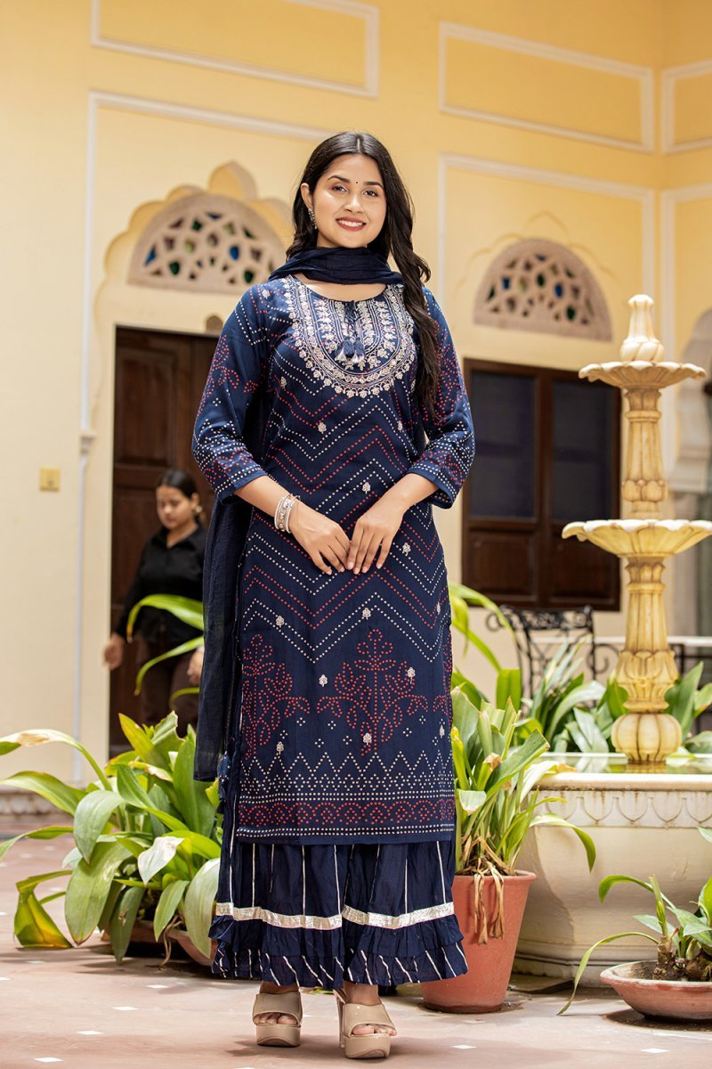 Elegant Navy Blue Embroidered Cotton Kurta Sharara Set with Dupatta - Traditional Chic - swadeshsouq.com