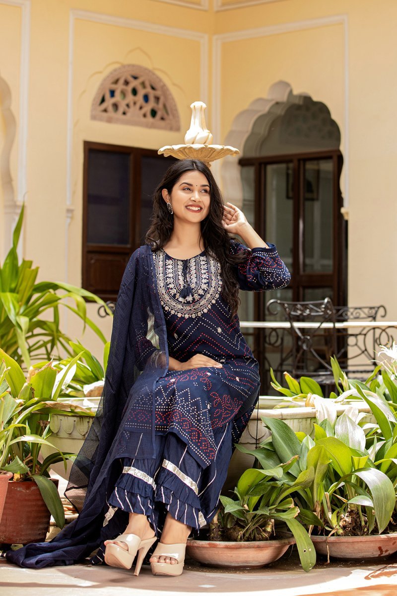 Elegant Navy Blue Embroidered Cotton Kurta Sharara Set with Dupatta - Traditional Chic - swadeshsouq.com