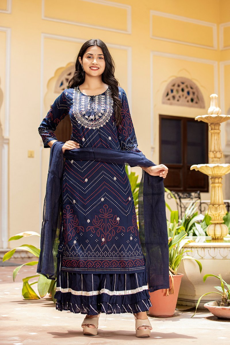 Elegant Navy Blue Embroidered Cotton Kurta Sharara Set with Dupatta - Traditional Chic - swadeshsouq.com