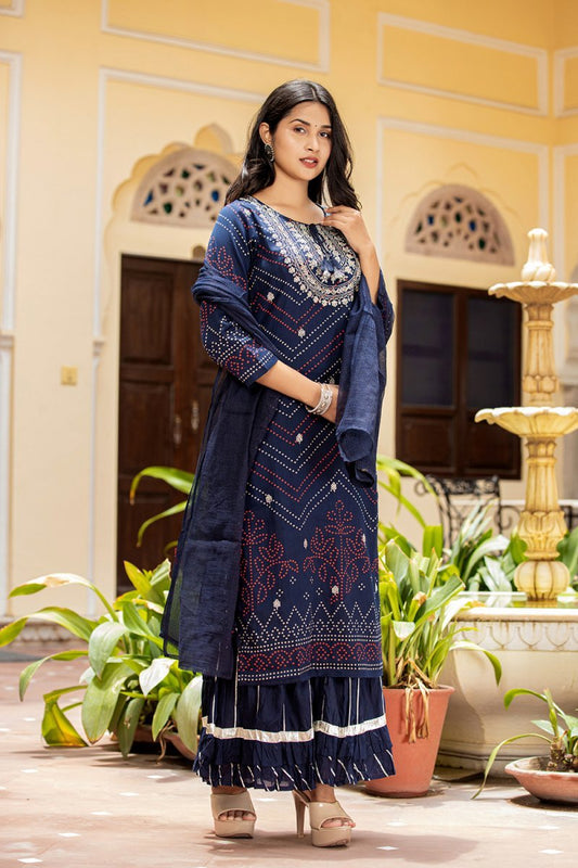 Elegant Navy Blue Embroidered Cotton Kurta Sharara Set with Dupatta - Traditional Chic - swadeshsouq.com