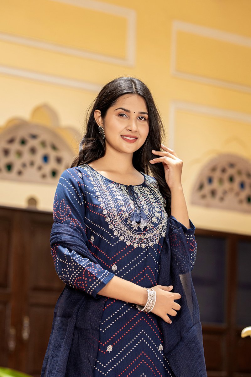 Elegant Navy Blue Embroidered Cotton Kurta Sharara Set with Dupatta - Traditional Chic - swadeshsouq.com