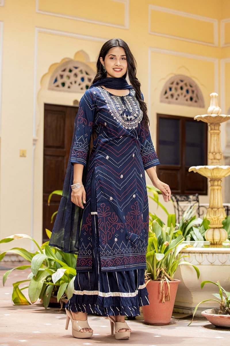 Elegant Navy Blue Embroidered Cotton Kurta Sharara Set with Dupatta - Traditional Chic - swadeshsouq.com