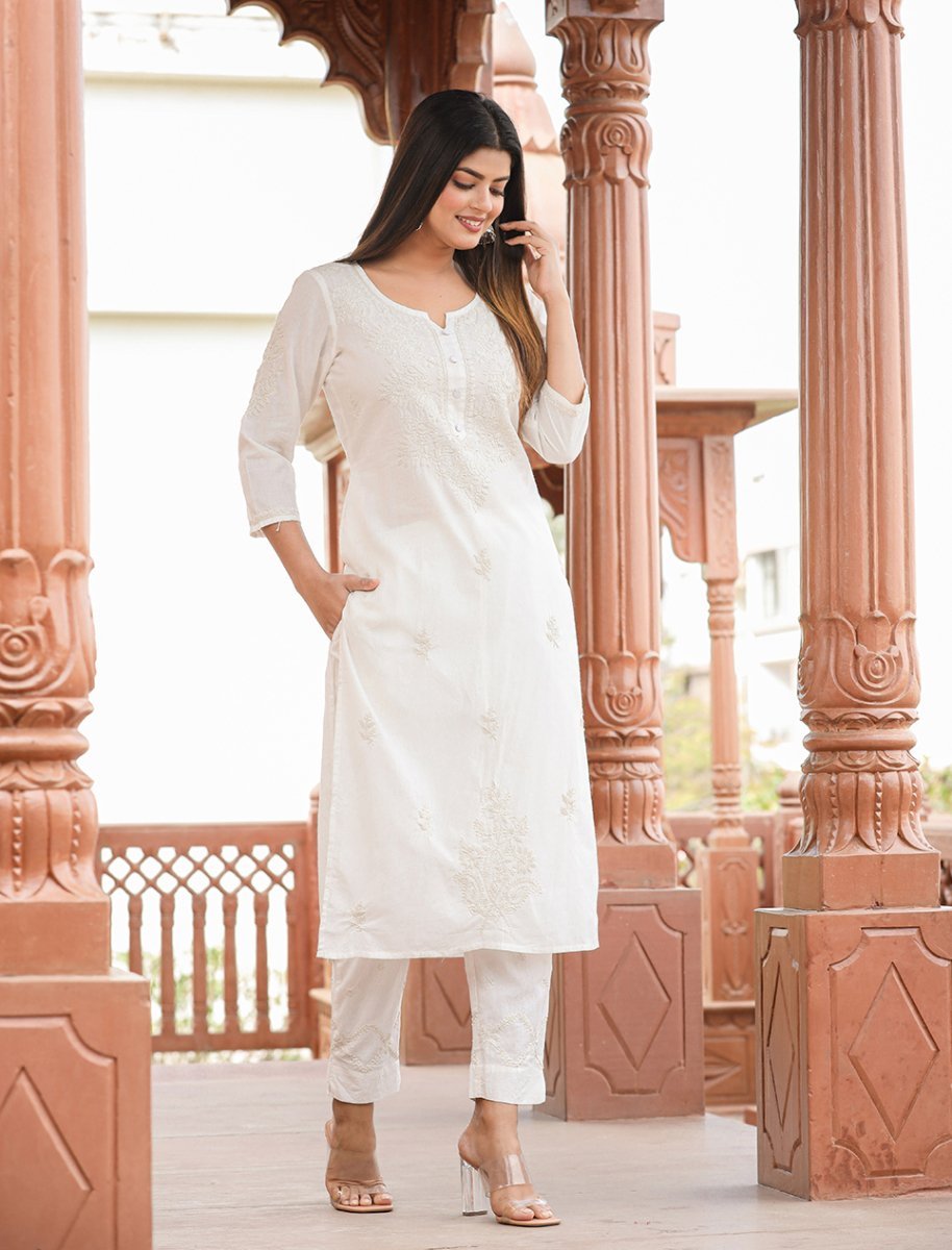 Elegant Off - White Lucknow Chikankari Cotton Kurta Set with Dupatta - swadeshsouq.com